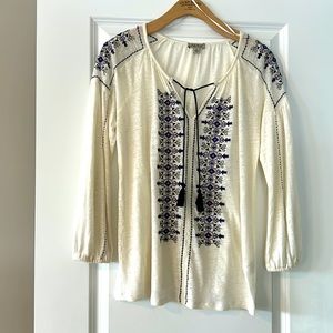 Lucky Brand Cream Blouse with Navy & Purple Embroidery